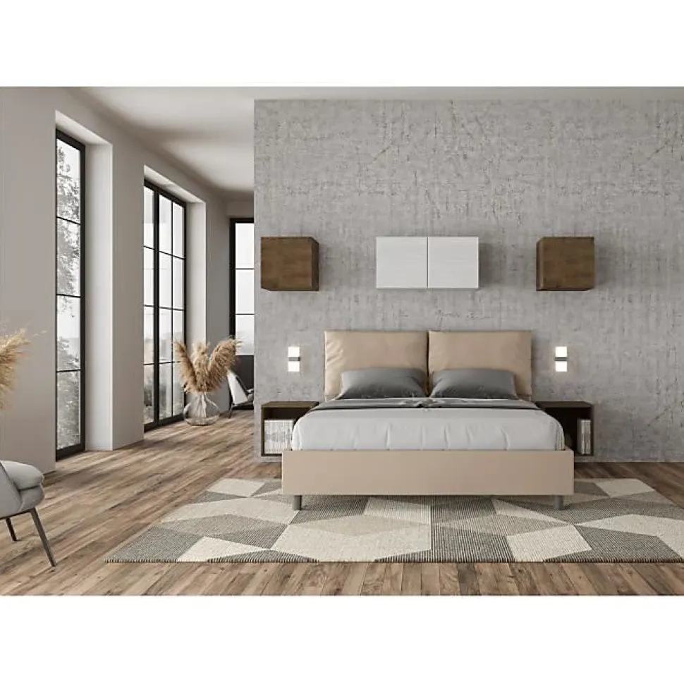 Lit rembourré en simili cuir gris tourterelle Antea sans sommier 160x200