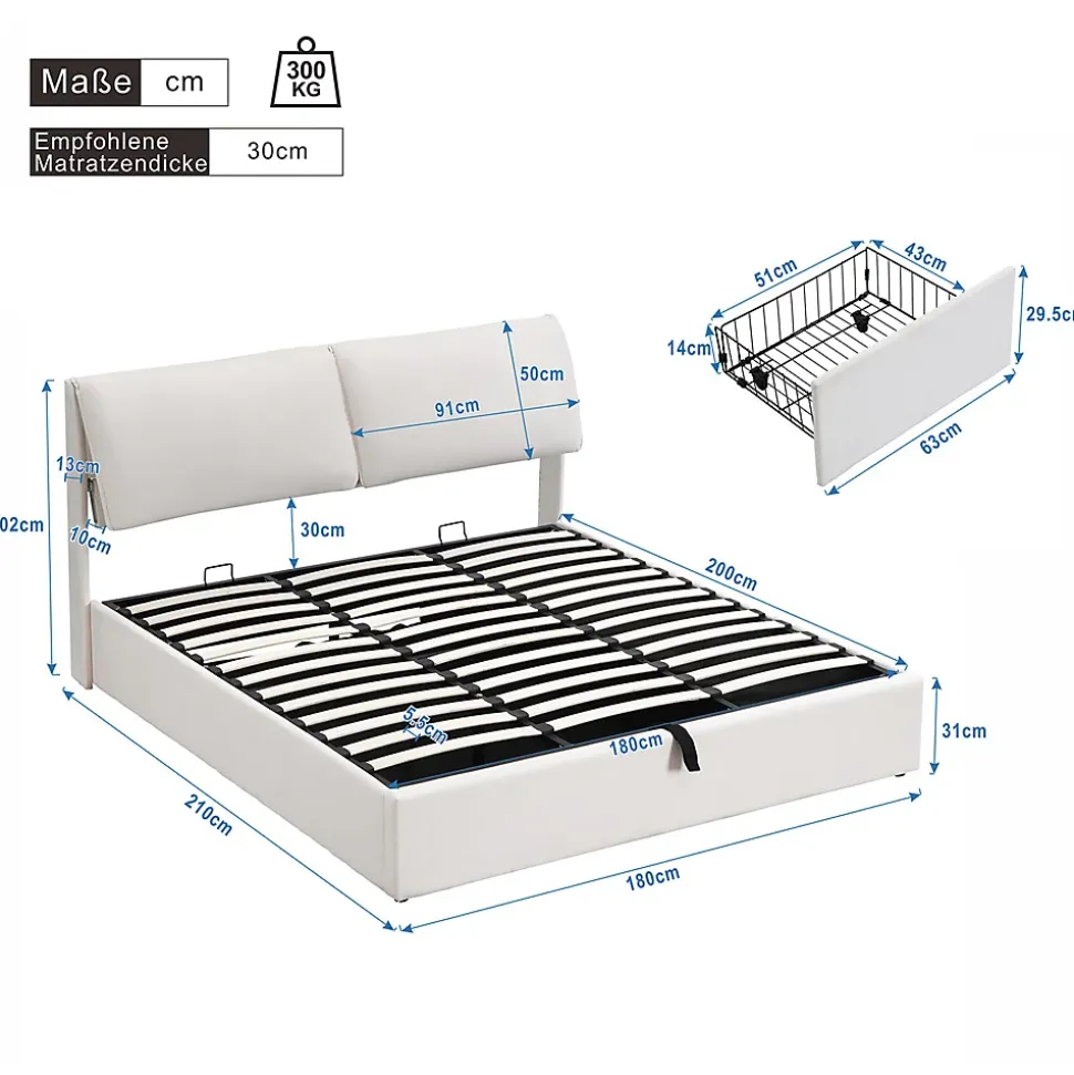 Lit rembourré hydraulique lit coffre 180x200 cm lit de rangement lit trois tiroirs lit cadre et tête de lit à lattes velours blanc