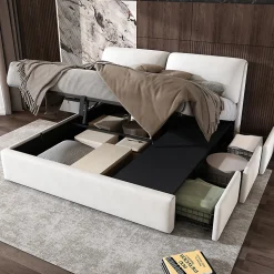 Lit rembourré hydraulique lit coffre 180x200 cm lit de rangement lit trois tiroirs lit cadre et tête de lit à lattes velours blanc