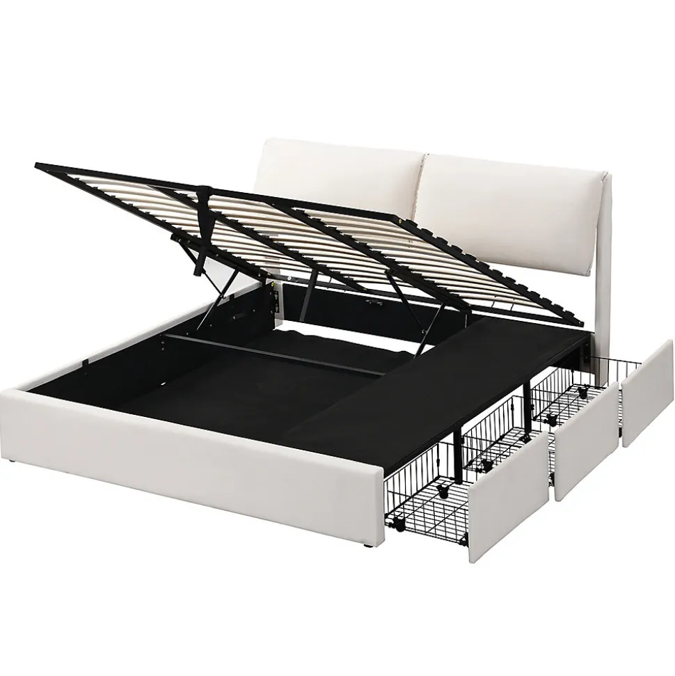 Lit rembourré hydraulique lit coffre 180x200 cm lit de rangement lit trois tiroirs lit cadre et tête de lit à lattes velours blanc