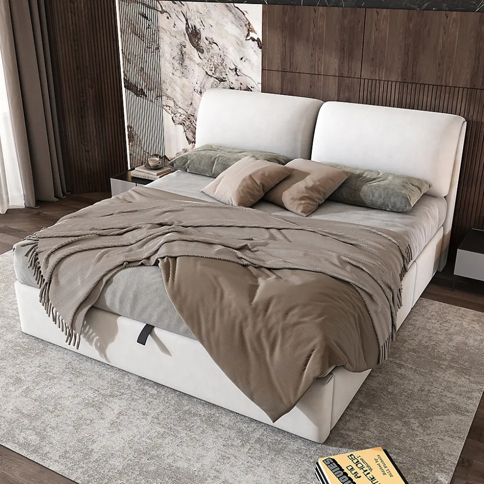 Lit rembourré hydraulique lit coffre 180x200 cm lit de rangement lit trois tiroirs lit cadre et tête de lit à lattes velours blanc