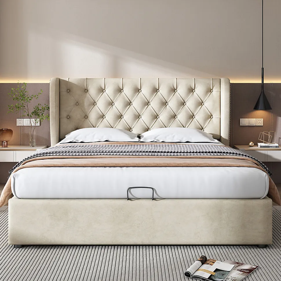 Lit rembourré hydraulique 180x200cm, lit double, lit fonctionnel avec sommier à lattes et espace de rangement,tissu velours,beige