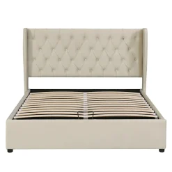 Lit rembourré hydraulique 180x200cm, lit double, lit fonctionnel avec sommier à lattes et espace de rangement,tissu velours,beige