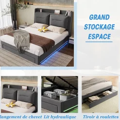 Lit rembourré hydraulique 140x190cm, tiroirs de rangement, avec sommier à lattes, sans matelas, velours, gris