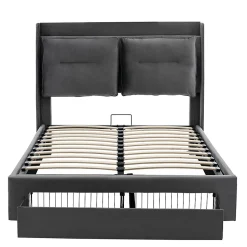 Lit rembourré hydraulique 140x190cm, tiroirs de rangement, avec sommier à lattes, sans matelas, velours, gris