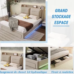 Lit rembourré hydraulique 140x190cm, tiroirs de rangement, avec sommier à lattes, sans matelas, velours, beige