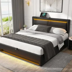 Lit rembourré hydraulique lit coffre lit 140x200 cm lit de rangement lit connexion usb lit eclairage led lit double pu noir