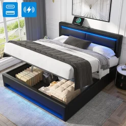 Lit rembourré hydraulique lit coffre lit 140x200 cm lit de rangement lit connexion usb lit eclairage led lit double pu noir