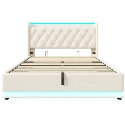 Lit rembourré hydraulique 160x200 cm, lit LED double avec fonction de recharge USB Type-C , lit avec rangement, PU, blanc