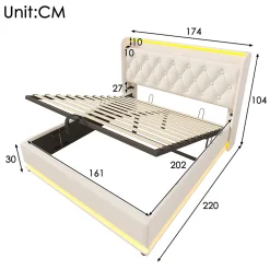 Lit rembourré hydraulique 160x200 cm, lit LED double avec fonction de recharge USB Type-C , lit avec rangement, PU, blanc