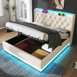 Lit rembourré hydraulique 160x200 cm, lit LED double avec fonction de recharge USB Type-C , lit avec rangement, PU, blanc