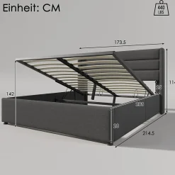 Lit rembourré hydraulique 160x200 cm lit de rangement lit sommier à lattes en bois lit en métal lit double lin gris