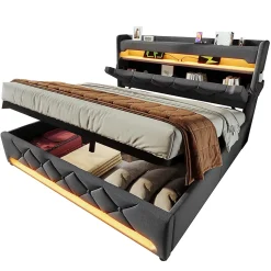 Lit rembourré hydraulique 180x200cm, lit double, espace de rangement tête de lit avec port usb et type c, lin, gris, sans matelas