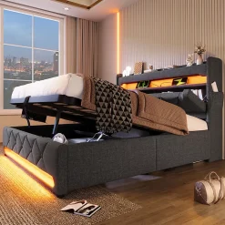 Lit rembourré hydraulique 180x200cm, lit double, espace de rangement tête de lit avec port usb et type c, lin, gris, sans matelas