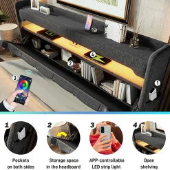 Lit rembourré hydraulique 180x200cm, lit double, espace de rangement tête de lit avec port usb et type c, lin, gris, sans matelas