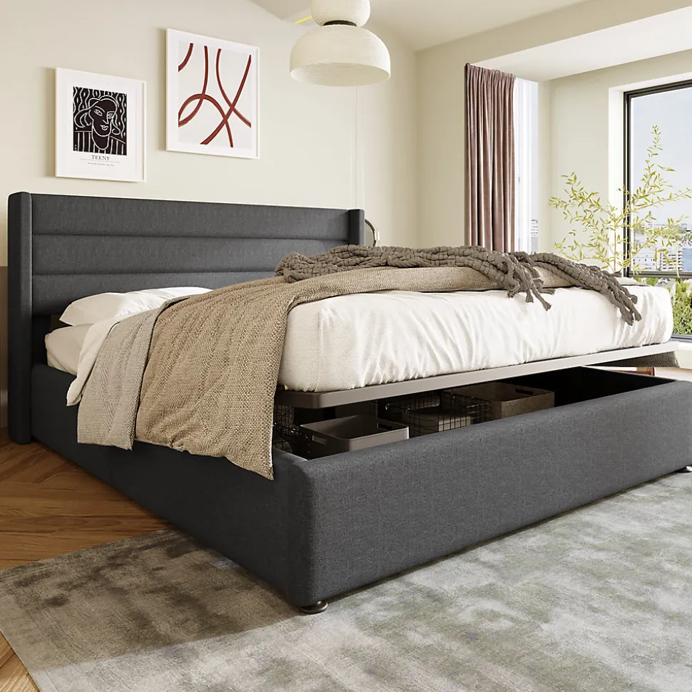 Lit rembourré hydraulique lit coffre lit 140x200 cm lit de rangement lit sommier à lattes en bois lit en métal lit double lin gris