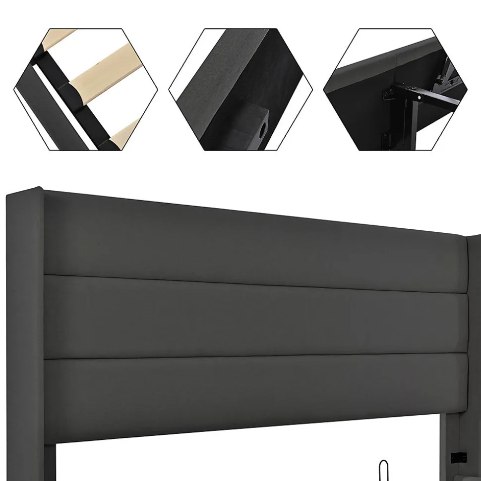 Lit rembourré hydraulique lit coffre lit 140x200 cm lit de rangement lit sommier à lattes en bois lit en métal lit double lin gris