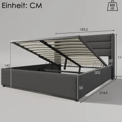 Lit rembourré hydraulique lit coffre lit 140x200 cm lit de rangement lit sommier à lattes en bois lit en métal lit double lin gris