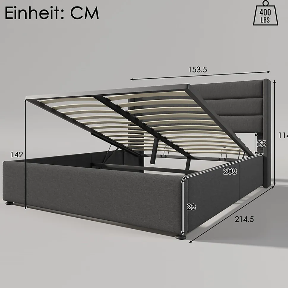 Lit rembourré hydraulique lit coffre lit 140x200 cm lit de rangement lit sommier à lattes en bois lit en métal lit double lin gris
