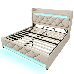 Lit rembourré hydraulique 180x200cm, lit double, espace de rangement en tête de lit avec port usb et type c,lin,beige,sans matelas