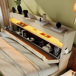 Lit rembourré hydraulique 180x200cm, lit double, espace de rangement en tête de lit avec port usb et type c,lin,beige,sans matelas