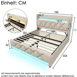 Lit rembourré hydraulique 180x200cm, lit double, espace de rangement en tête de lit avec port usb et type c,lin,beige,sans matelas