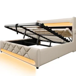 Lit rembourré hydraulique 180x200cm, lit double, espace de rangement en tête de lit avec port usb et type c,lin,beige,sans matelas