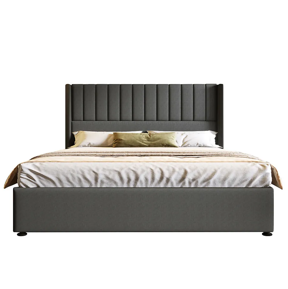 Lit rembourré hydraulique lit coffre lit 180x200 cm lit de rangement lit en métal lit cadre à lattes en bois lit double lin gris