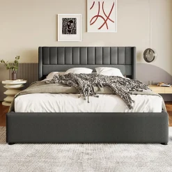 Lit rembourré hydraulique lit coffre lit 180x200 cm lit de rangement lit en métal lit cadre à lattes en bois lit double lin gris