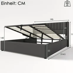 Lit rembourré hydraulique lit coffre lit 180x200 cm lit de rangement lit en métal lit cadre à lattes en bois lit double lin gris