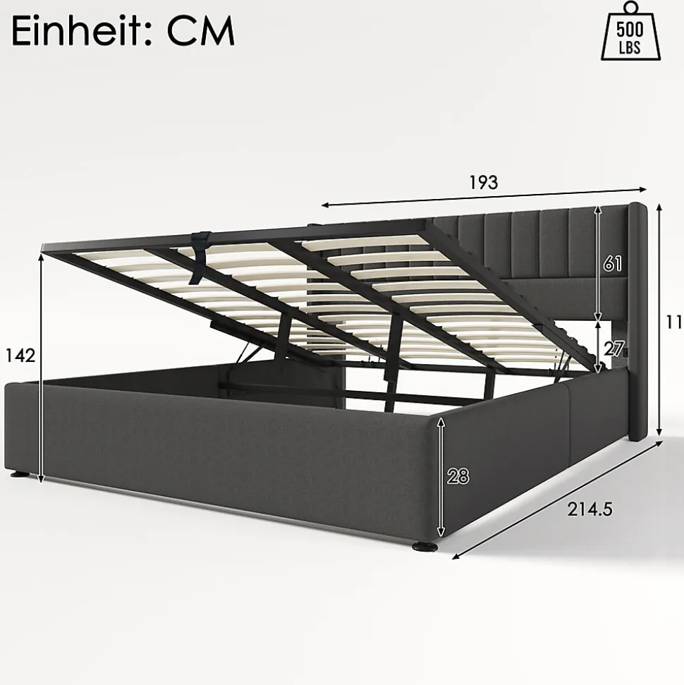 Lit rembourré hydraulique lit coffre lit 180x200 cm lit de rangement lit en métal lit cadre à lattes en bois lit double lin gris