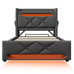 Lit rembourré hydraulique 90x200cm, Single, tête de lit de rangement avec port usb et type c, lin, gris, sans matelas