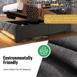 Lit rembourré hydraulique 90x200cm, Single, tête de lit de rangement avec port usb et type c, lin, gris, sans matelas