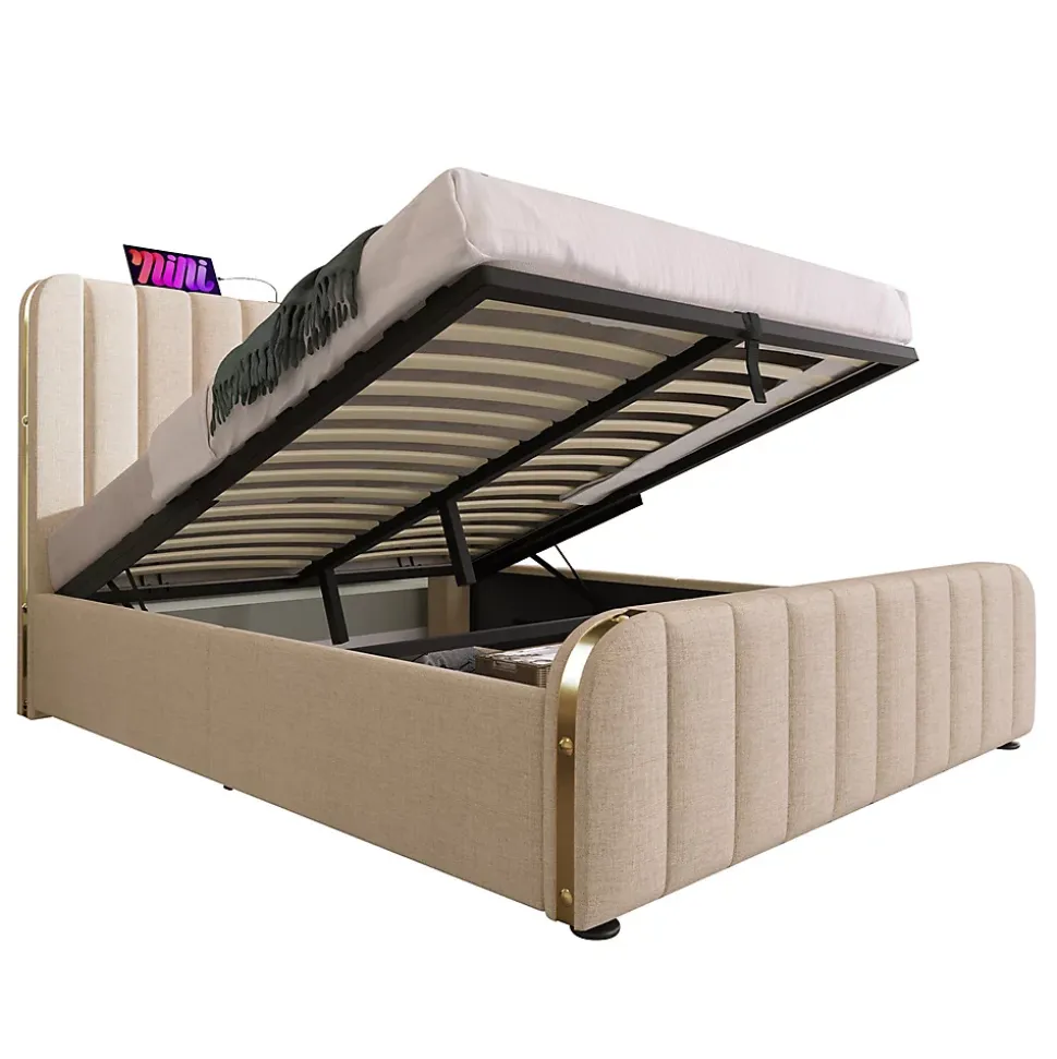 Lit rembourré hydraulique 140x200cm, tête de lit avec fonction de recharge USB Type-C, lit avec rangement, lin, beige,sans matelas