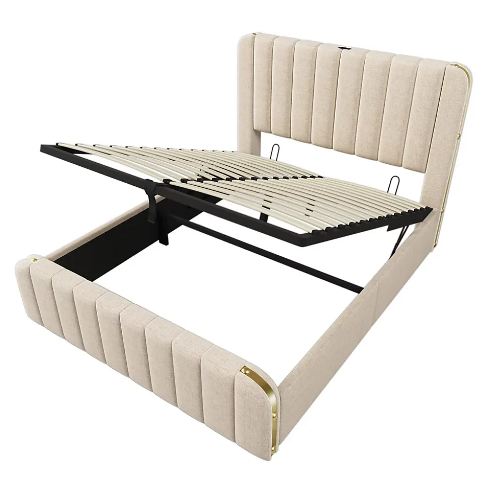 Lit rembourré hydraulique 140x200cm, tête de lit avec fonction de recharge USB Type-C, lit avec rangement, lin, beige,sans matelas