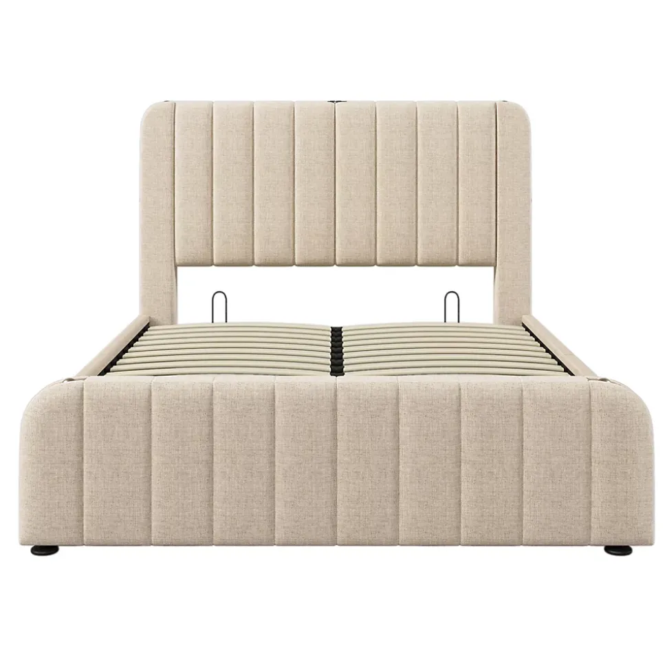 Lit rembourré hydraulique 140x200cm, tête de lit avec fonction de recharge USB Type-C, lit avec rangement, lin, beige,sans matelas