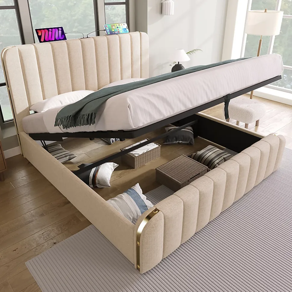 Lit rembourré hydraulique 140x200cm, tête de lit avec fonction de recharge USB Type-C, lit avec rangement, lin, beige,sans matelas