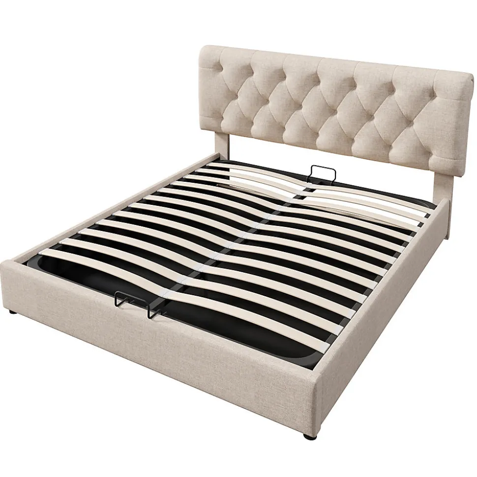 Lit rembourré hydraulique lit coffre 160x200 cm lit de rangement lit en métal lit double lin gris clair