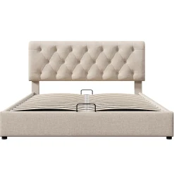 Lit rembourré hydraulique lit coffre 160x200 cm lit de rangement lit en métal lit double lin gris clair