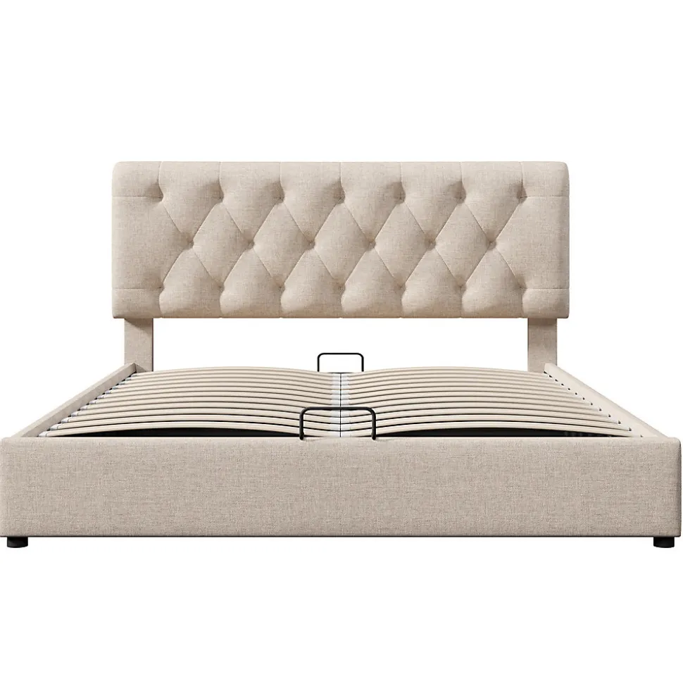 Lit rembourré hydraulique lit coffre 160x200 cm lit de rangement lit en métal lit double lin gris clair