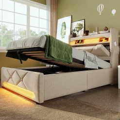 Lit rembourré hydraulique 90x200cm, Single, tête de lit de rangement avec port usb et type c, lin, beige, sans matelas