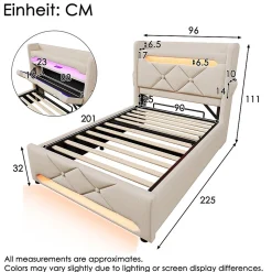 Lit rembourré hydraulique 90x200cm, Single, tête de lit de rangement avec port usb et type c, lin, beige, sans matelas