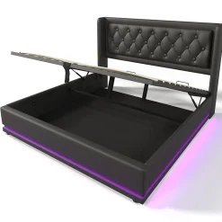 Lit rembourré hydraulique 180x200cm lit de rangement lit double avec fonction de charge usb type-c tête de lit pu noir