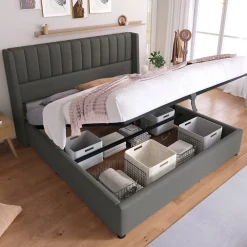 Lit rembourré hydraulique lit coffre lit 160x200 cm lit de rangement lit en métal lit cadre à lattes en bois lit double lin gris