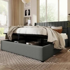 Lit rembourré hydraulique lit coffre lit 160x200 cm lit de rangement lit en métal lit cadre à lattes en bois lit double lin gris