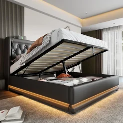 Lit rembourré hydraulique 160x200cm lit de rangement lit double avec fonction de charge usb type-c tête de lit pu noir