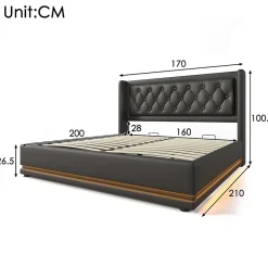 Lit rembourré hydraulique 160x200cm lit de rangement lit double avec fonction de charge usb type-c tête de lit pu noir