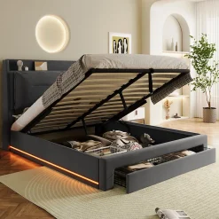 Lit rembourré hydraulique 160x200cm, tiroirs de rangement, avec sommier à lattes, sans matelas, velours, gris foncé