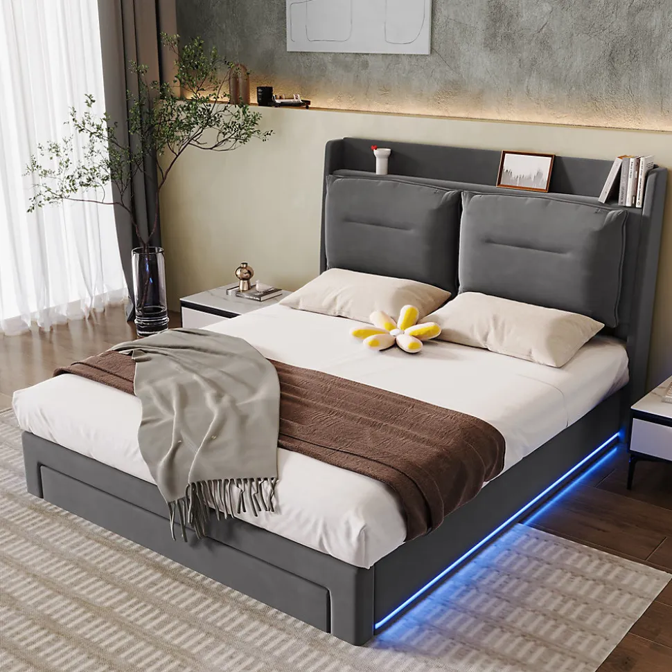 Lit rembourré hydraulique 160x200cm, tiroirs de rangement, avec sommier à lattes, sans matelas, velours, gris foncé