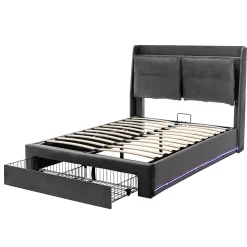 Lit rembourré hydraulique 160x200cm, tiroirs de rangement, avec sommier à lattes, sans matelas, velours, gris foncé